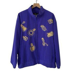 VTG 80s Women XL Windbreaker Jacket Full Zip Mock Neck Perfume Embroidery Purple